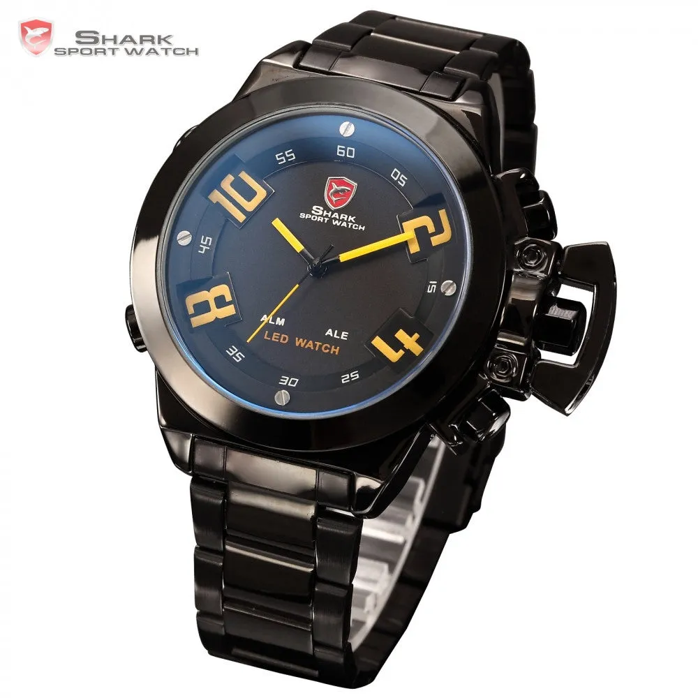 Military SHARK Sport Watch Digital LED Dual Time Date Alarm Yellow Number Black Steel Band Wrist Wrap Men's Watches Gift