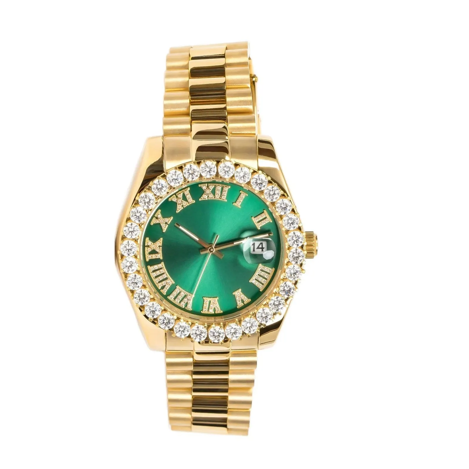 Moissanite VS Watch Roman Green Dial 14k Gold Tone Solitaire Bezel Custom