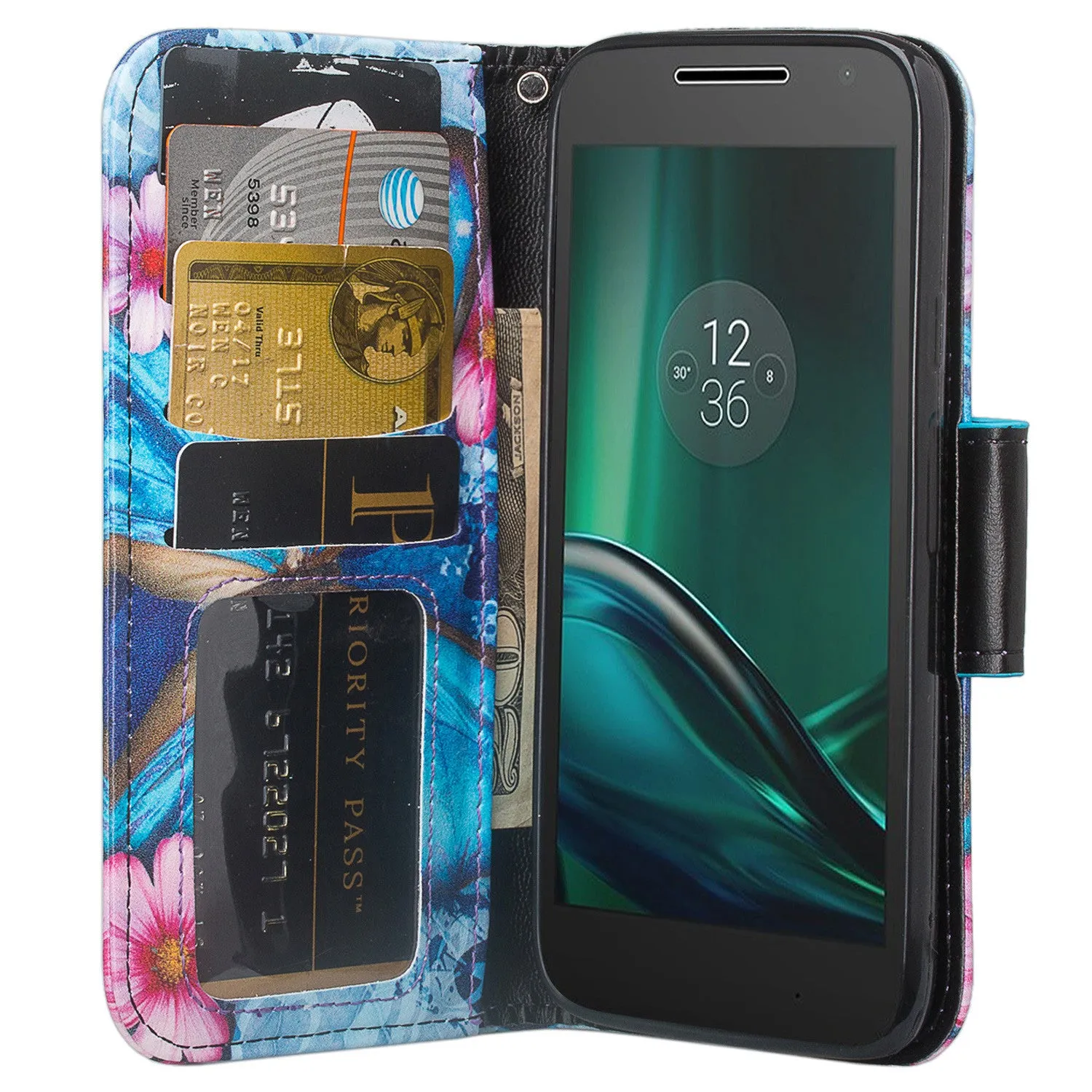 Moto G4 Play Case, Wrist Strap Pu Leather Magnetic Fold[Kickstand] Wallet Case with ID & Card Slots for Motorola G4 Play - Blue Butterfly