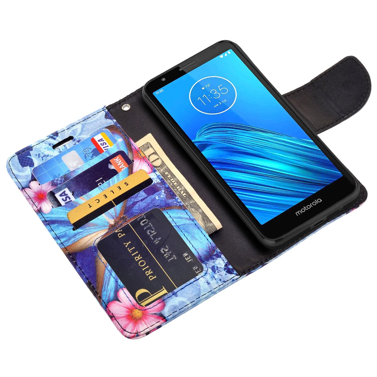 Motorola Moto E6 Case, Moto E6 Wallet Case, Wrist Strap Pu Leather Wallet Case [Kickstand] with ID & Credit Card Slots - Blue Butterfly