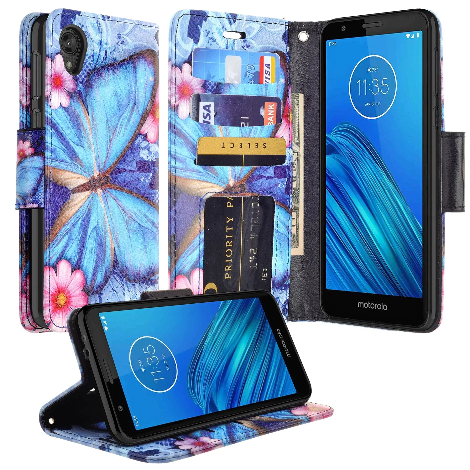 Motorola Moto E6 Case, Moto E6 Wallet Case, Wrist Strap Pu Leather Wallet Case [Kickstand] with ID & Credit Card Slots - Blue Butterfly