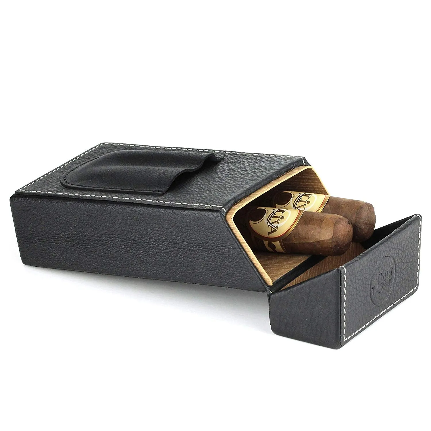 Mrs. Brog Elegant Full Grain Leather Cigar Humidor Compact Case - Travel Box - Black