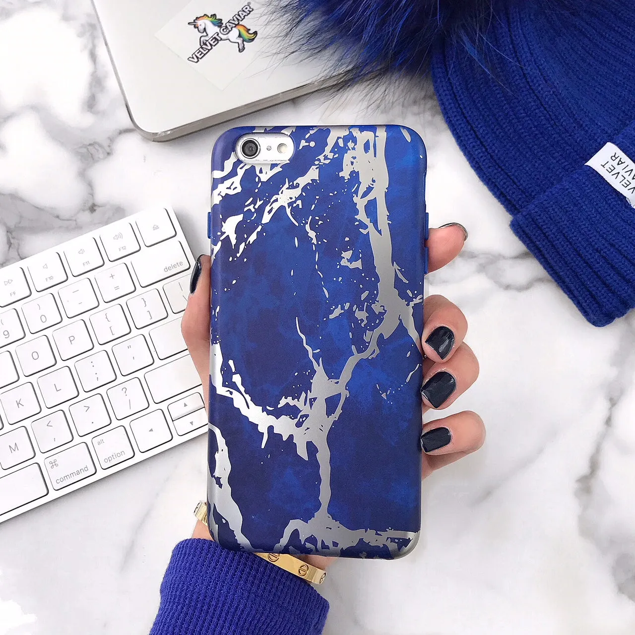 Navy Blue Marble Silver Chrome iPhone Case