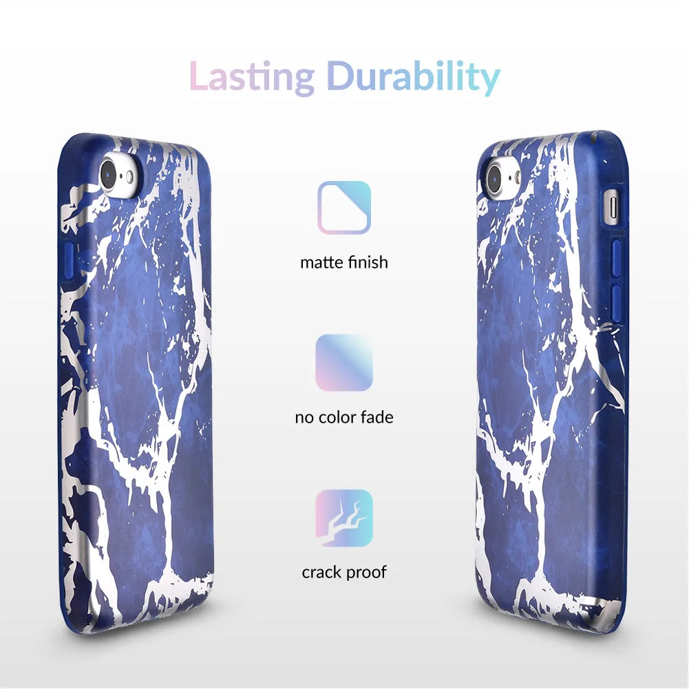 Navy Blue Marble Silver Chrome iPhone Case