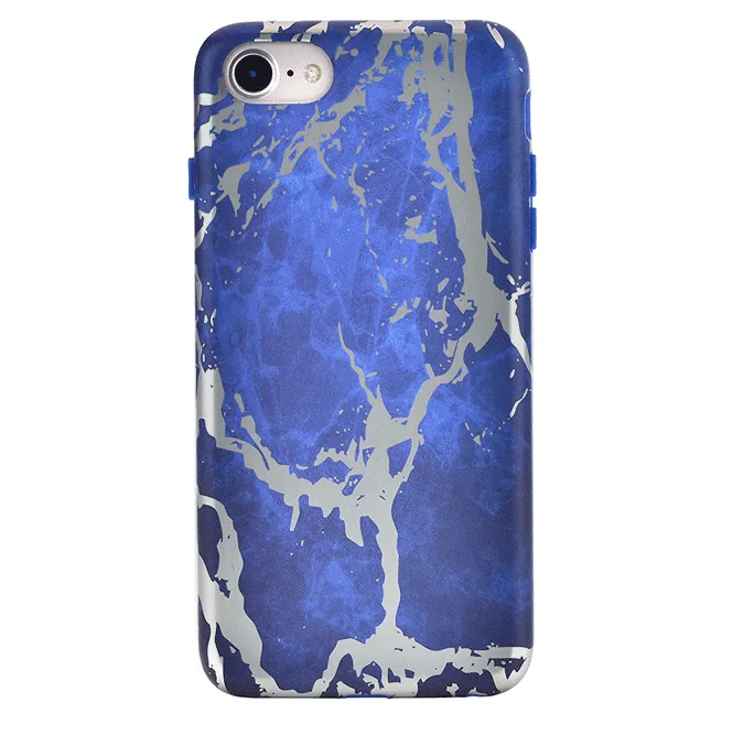 Navy Blue Marble Silver Chrome iPhone Case