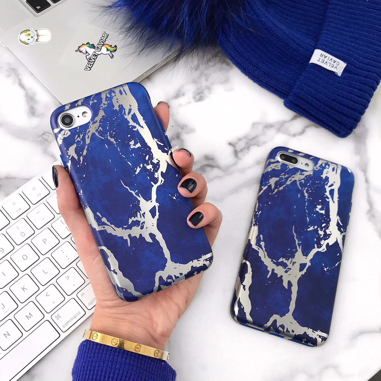 Navy Blue Marble Silver Chrome iPhone Case