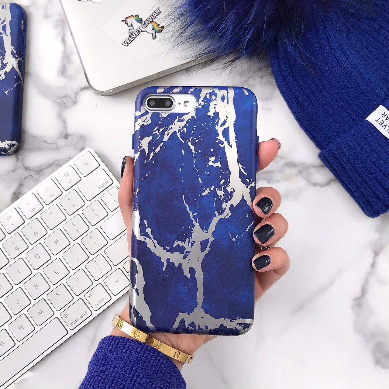 Navy Blue Marble Silver Chrome iPhone Case