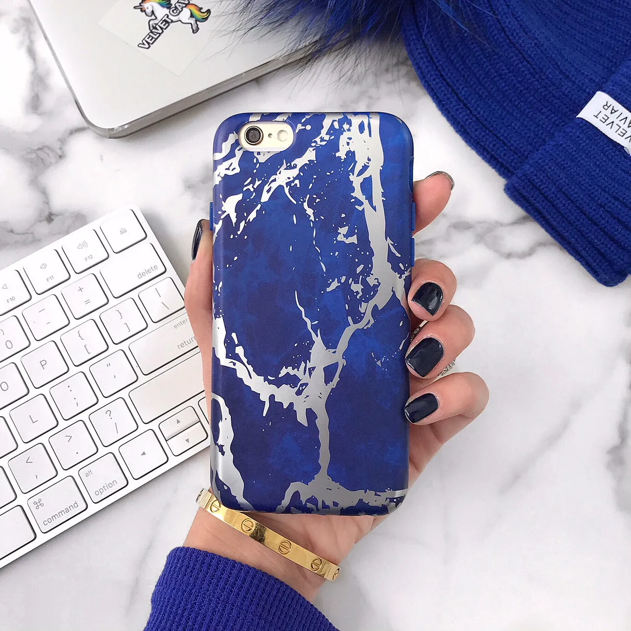 Navy Blue Marble Silver Chrome iPhone Case