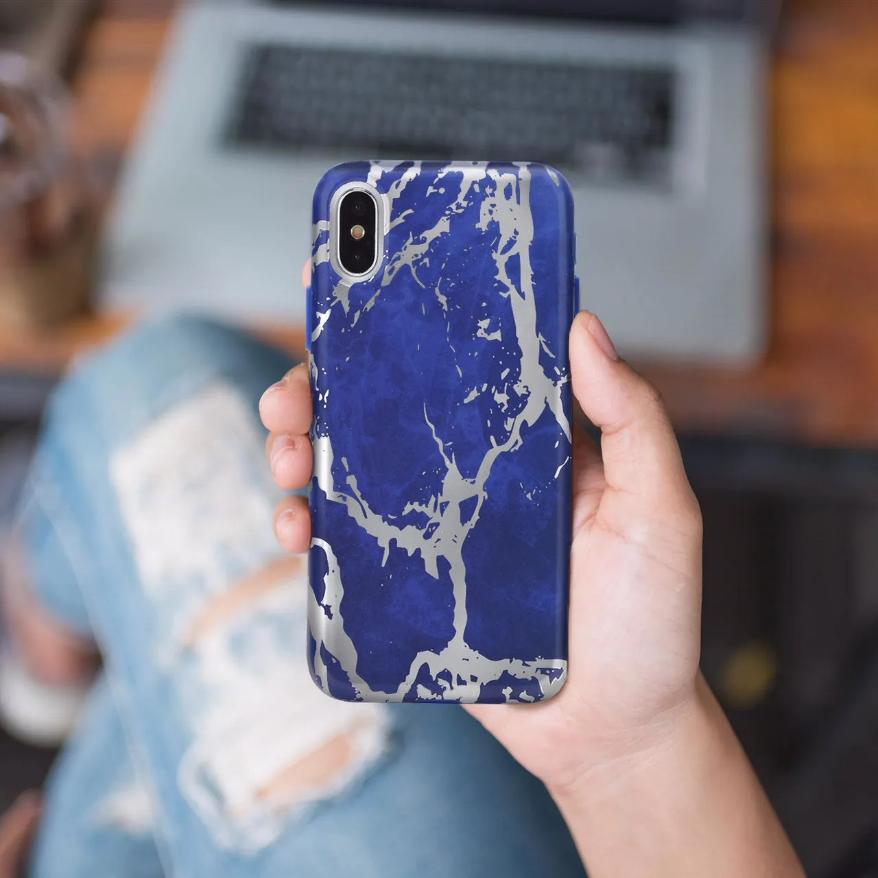 Navy Blue Marble Silver Chrome iPhone Case