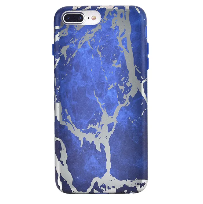 Navy Blue Marble Silver Chrome iPhone Case