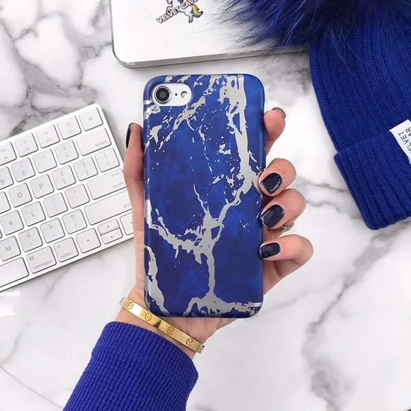 Navy Blue Marble Silver Chrome iPhone Case