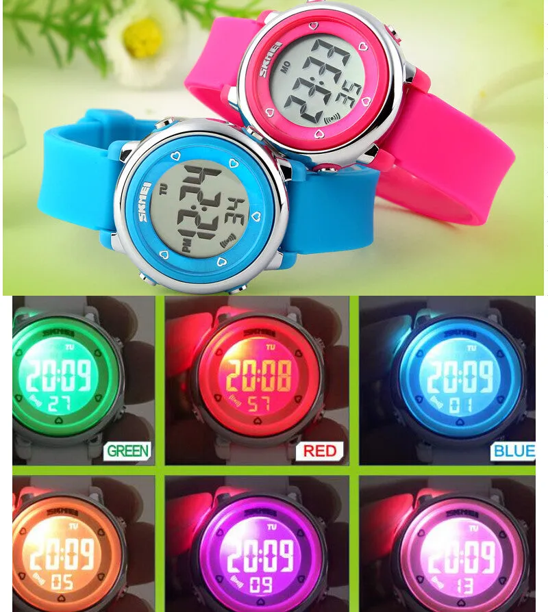 New SKMEI popular Brand children kids fashion Sports Watches Digital LED Wristwatches green blue white black rubber strap