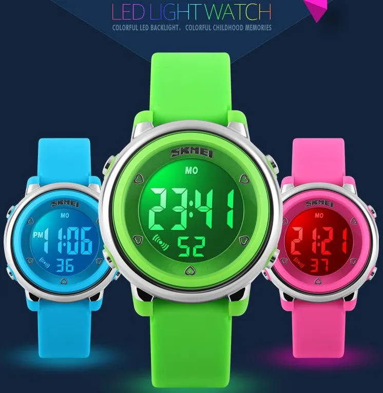 New SKMEI popular Brand children kids fashion Sports Watches Digital LED Wristwatches green blue white black rubber strap