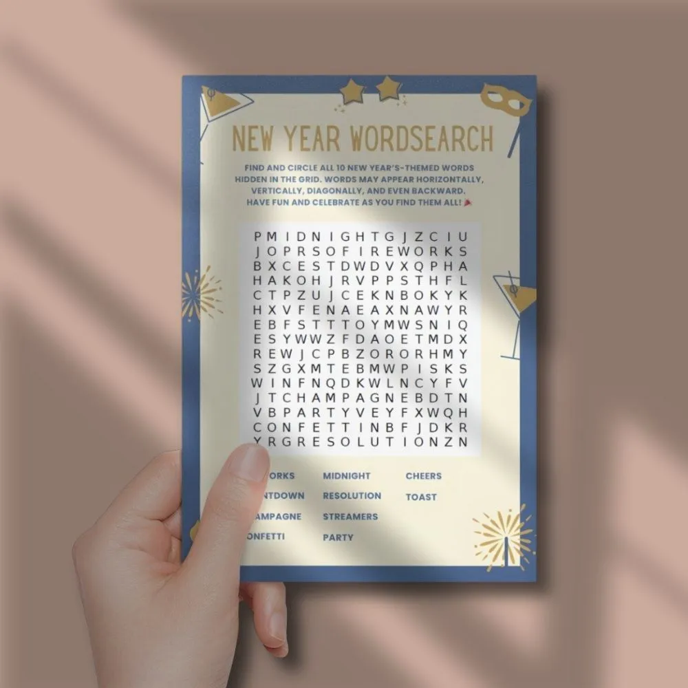 New Year Wordsearch Printable Activity Sheet - Instant Download Game