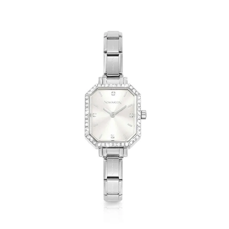 Nomination Composable Paris Watch, Sunray Silver Rectangular, Cubic Zirconia, Stainless Steel