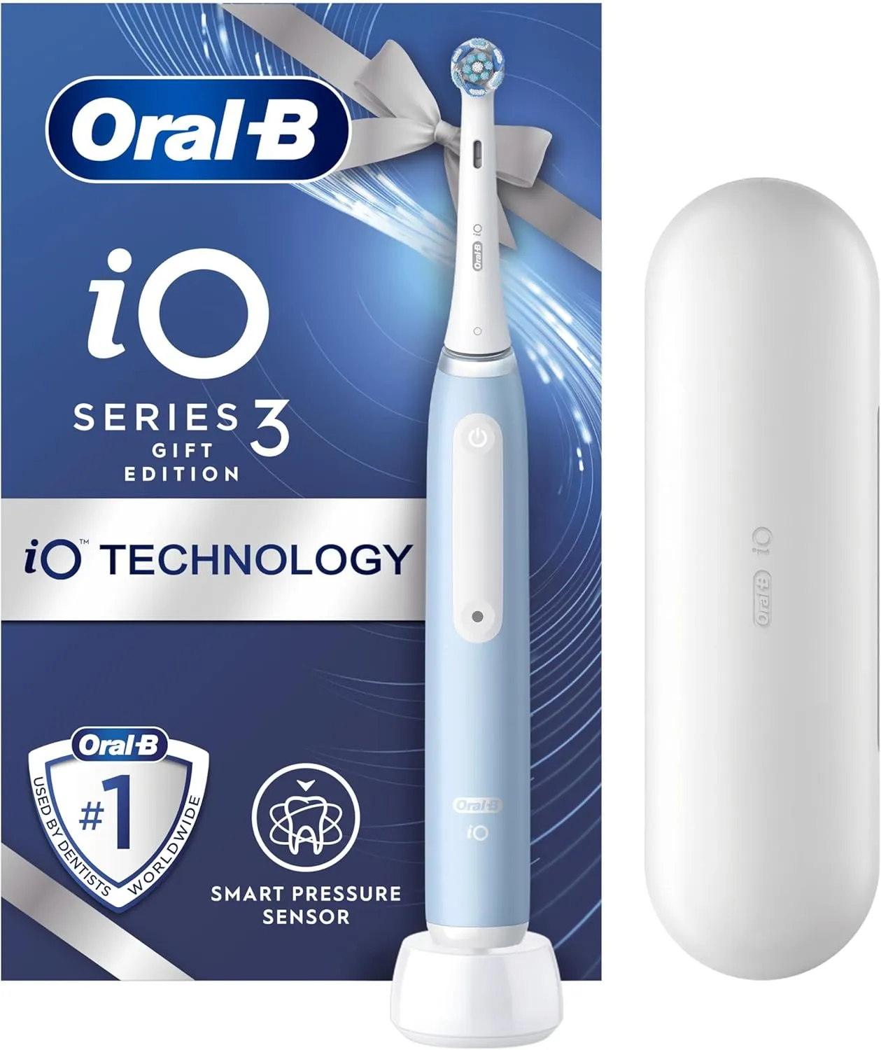 Oral-B iO3 Ice Blue Electric Toothbrush, 1 Toothbrush Head, 1 Travel Case, Designed by Braun