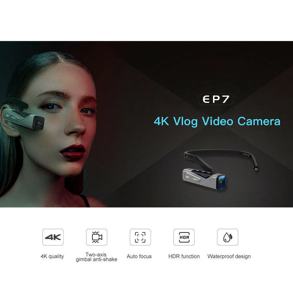 ORDRO EP7 Head Wearable 4K 60fps Video Camera First Person View Hands-Free Camcorder APP Control Autofocus Built-in 2-Axis Gimbal Anti-shake with Remote Control   64G Memory Card