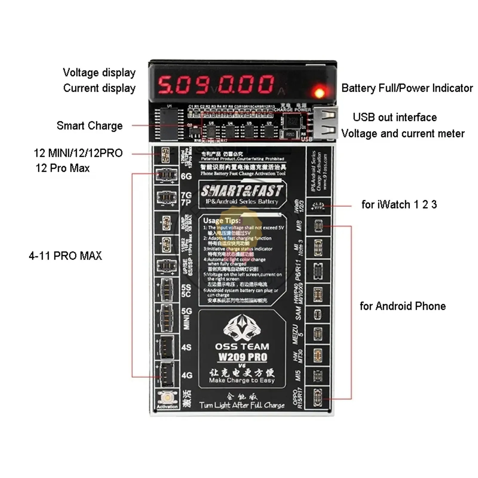 OSS W209 PRO V9 Battery Charger Activation Board for iPhone & Apple Watch & Android Phone