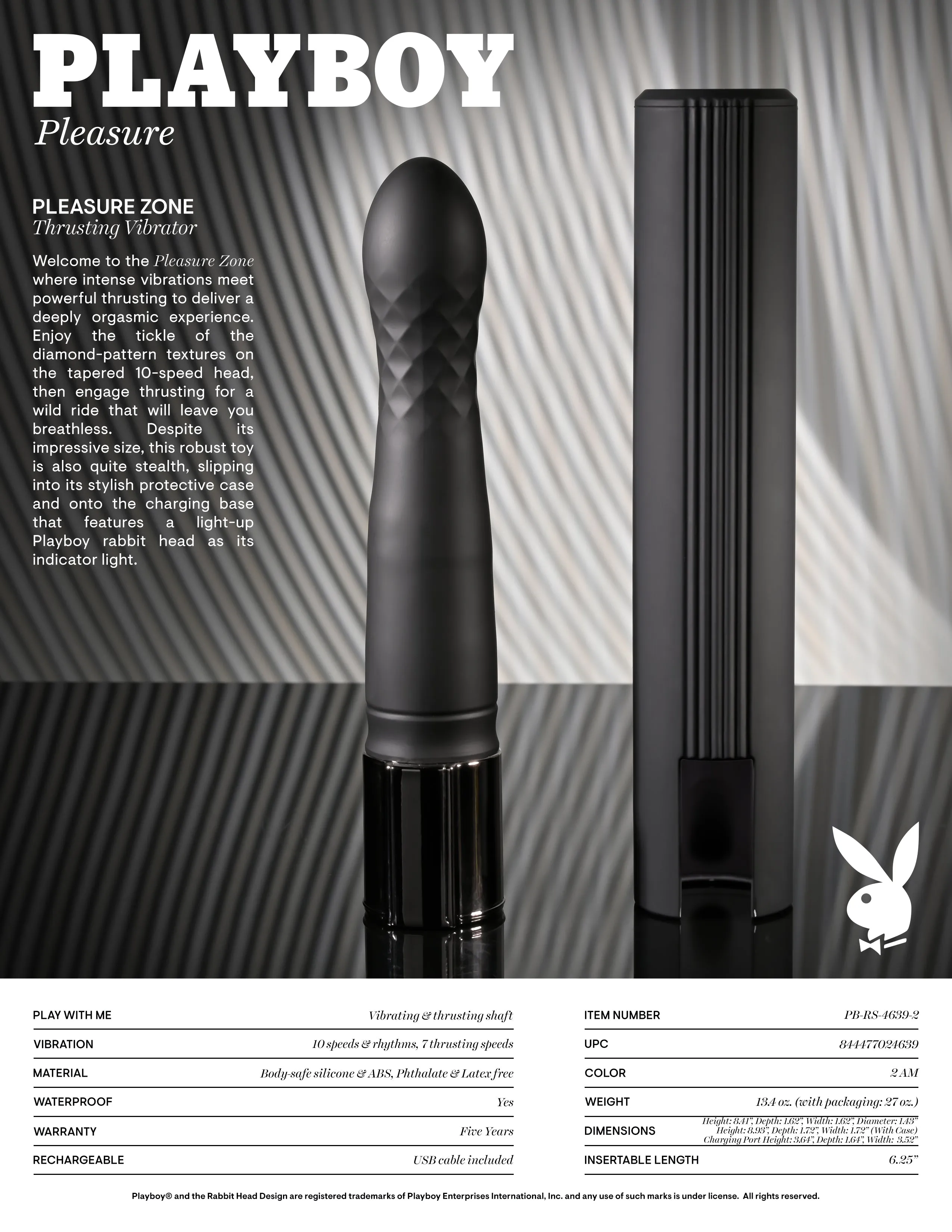 Playboy Pleasure PLEASURE ZONE - Black 21.4 cm Rechargeable Vibrator with USB Charging Dock