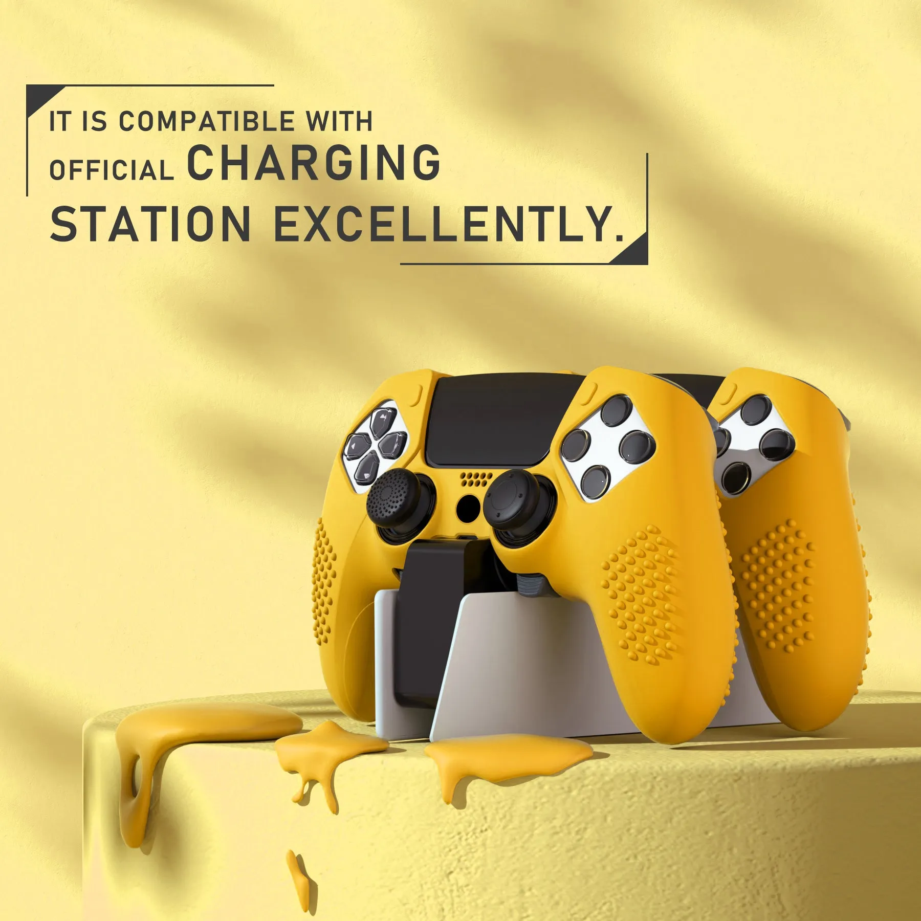 PlayVital 3D Studded Edition Anti-Slip Silicone Cover Case for ps5 Edge Controller, Soft Rubber Protector Skin for ps5 Edge Wireless Controller with 6 Thumb Grip Caps - Caution Yellow - ETPFP014