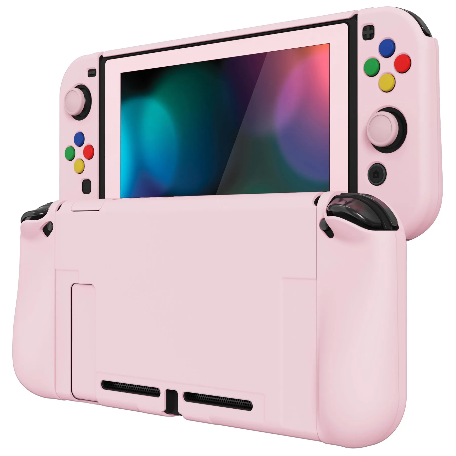 PlayVital AlterGrips Dockable Protective Case Ergonomic Grip Cover for Nintendo Switch, Interchangeable Joycon Cover w/Screen Protector & Thumb Grip Caps & Button Caps - Cherry Blossoms Pink - TNSYP3007