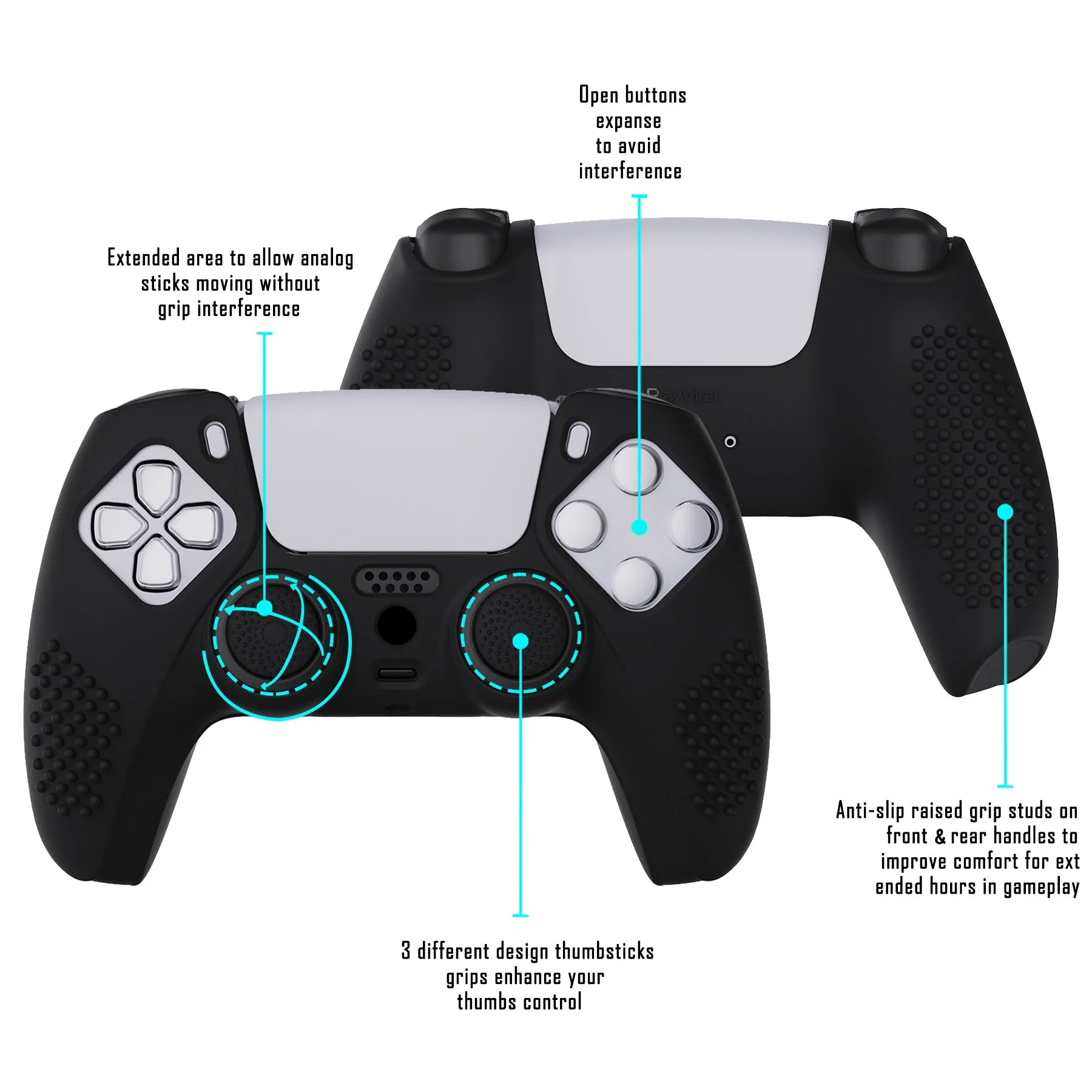 PlayVital Black 3D Studded Edition Anti-slip Silicone Cover Skin for 5 Controller, Soft Rubber Case Protector for PS5 Wireless Controller with 6 Black Thumb Grip Caps - TDPF001