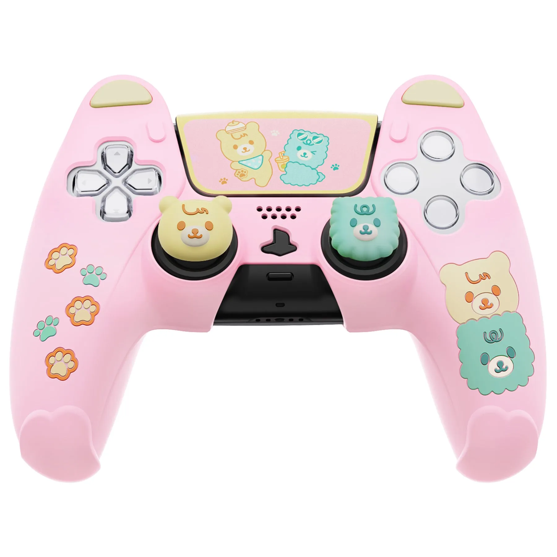 PlayVital Cute Bear Controller Silicone Case for ps5, Kawaii Controller Cover Compatible with Charging Station, Gamepad Skin Protector for ps5 with Touch Pad Sticker & Thumb Grips - Pink & Yellow - UYBPFP002