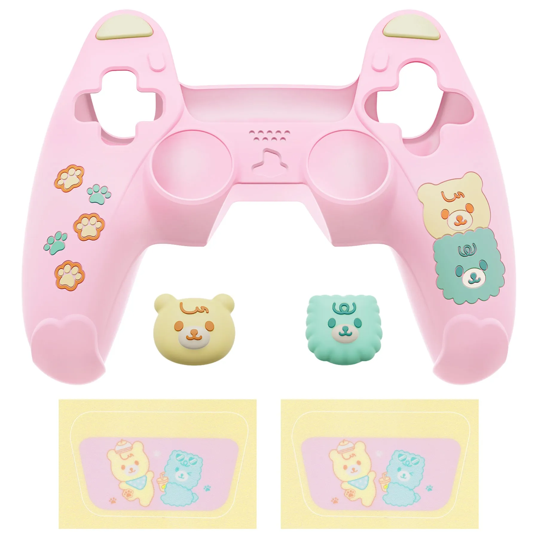 PlayVital Cute Bear Controller Silicone Case for ps5, Kawaii Controller Cover Compatible with Charging Station, Gamepad Skin Protector for ps5 with Touch Pad Sticker & Thumb Grips - Pink & Yellow - UYBPFP002