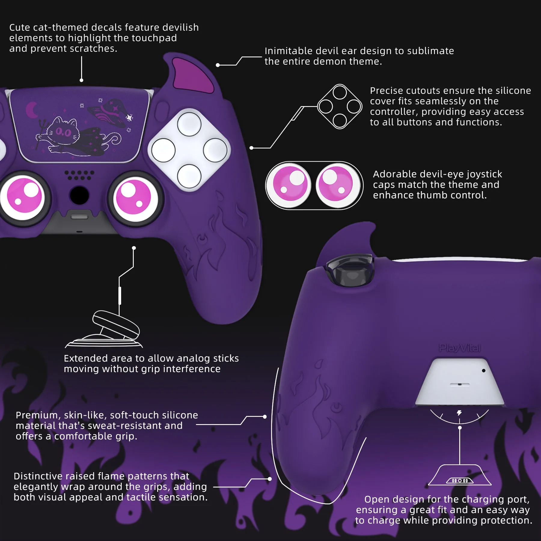 PlayVital Cute Demon Controller Silicone Case Compatible With PS5 Controller - Purple - DEPFP002