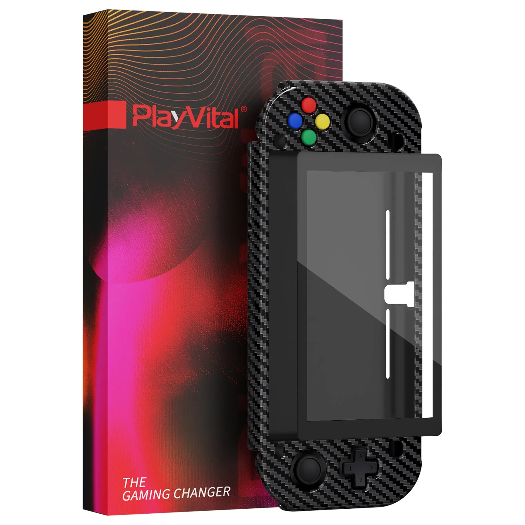 PlayVital Glossy Graphite Carbon Fiber Protective Case for NS Switch Lite, Hard Cover Protector for NS Switch Lite - 1 x Black Border Tempered Glass Screen Protector Included - YYNLS001