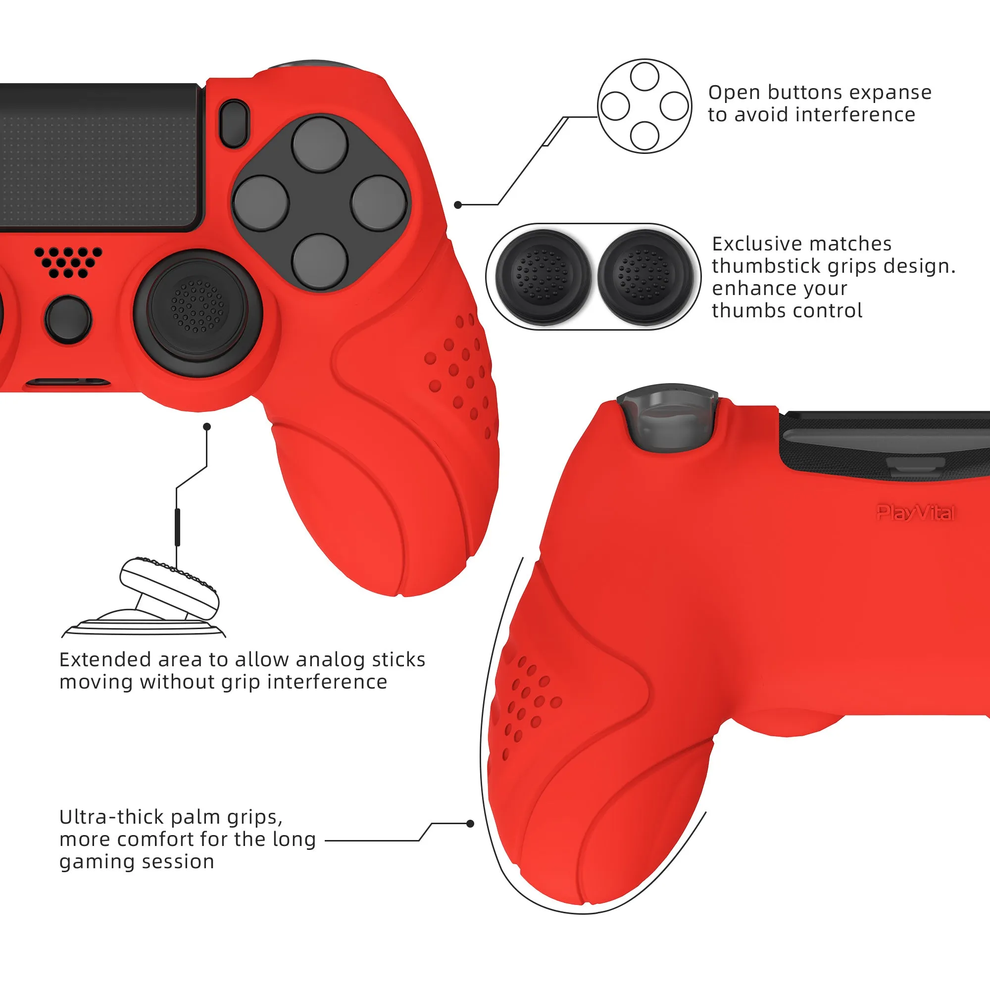 PlayVital Guardian Edition Passion Red Ergonomic Soft Anti-Slip Controller Silicone Case Cover for PS4, Rubber Protector Skins with black Joystick Caps for PS4 Slim PS4 Pro Controller - P4CC0067