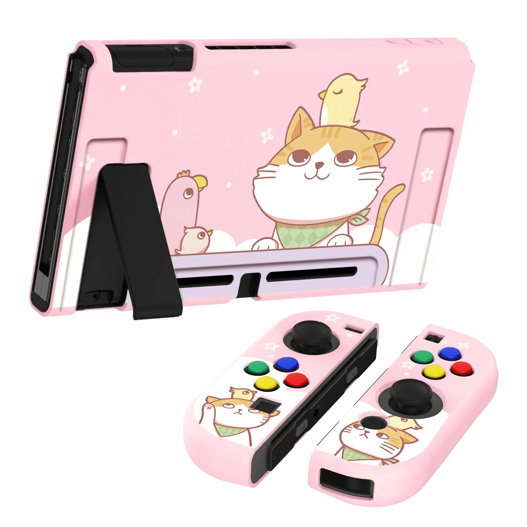 PlayVital Kitten & Chicken Protective Case for NS Switch, Soft TPU Slim Case Cover for NS Switch Joy-Con Console with Colorful ABXY Direction Button Caps - NTU6009