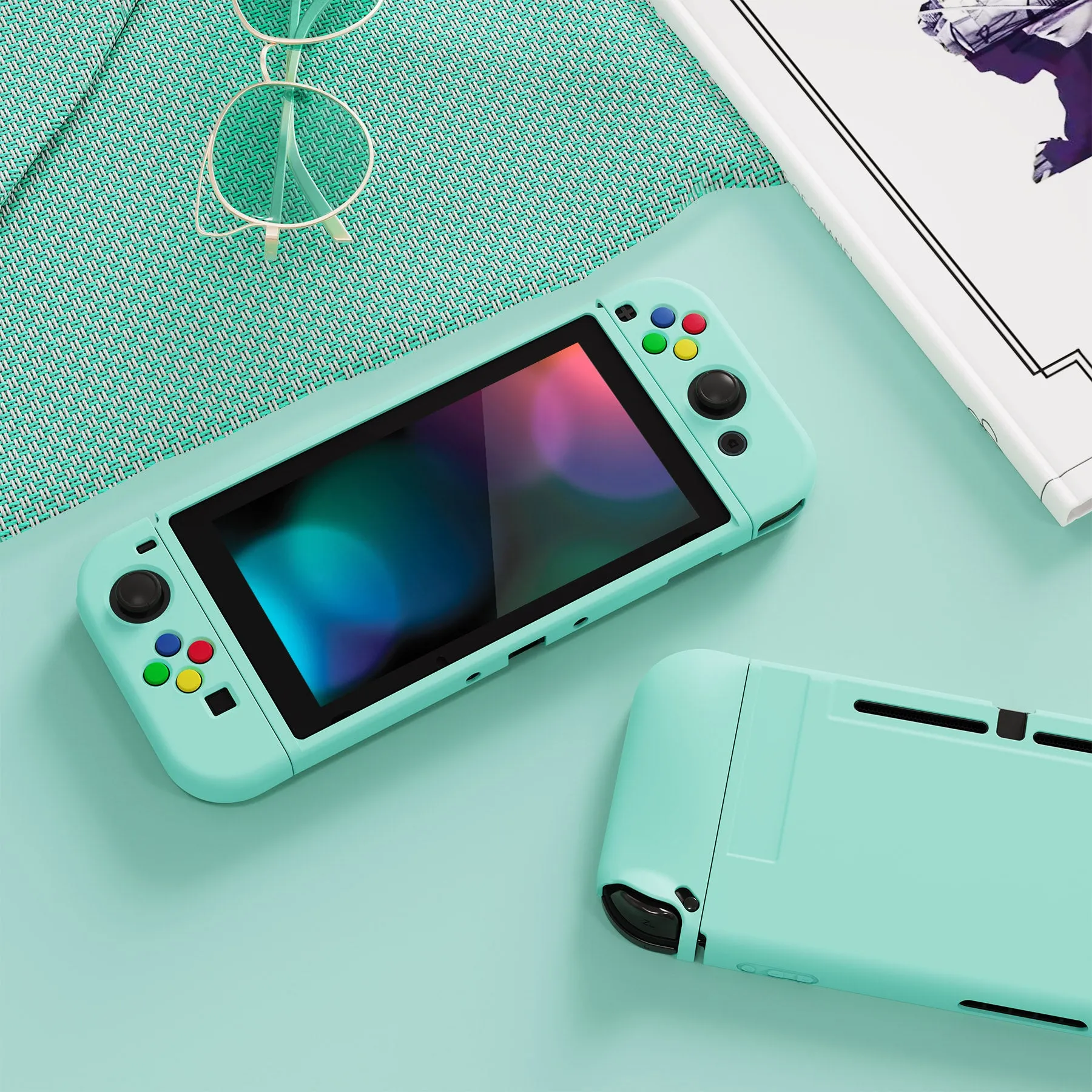 PlayVital Misty Green Protective Case for NS Switch, Soft TPU Slim Case Cover for NS Switch Joy-Con Console with Colorful ABXY Direction Button Caps - NTU6032G2