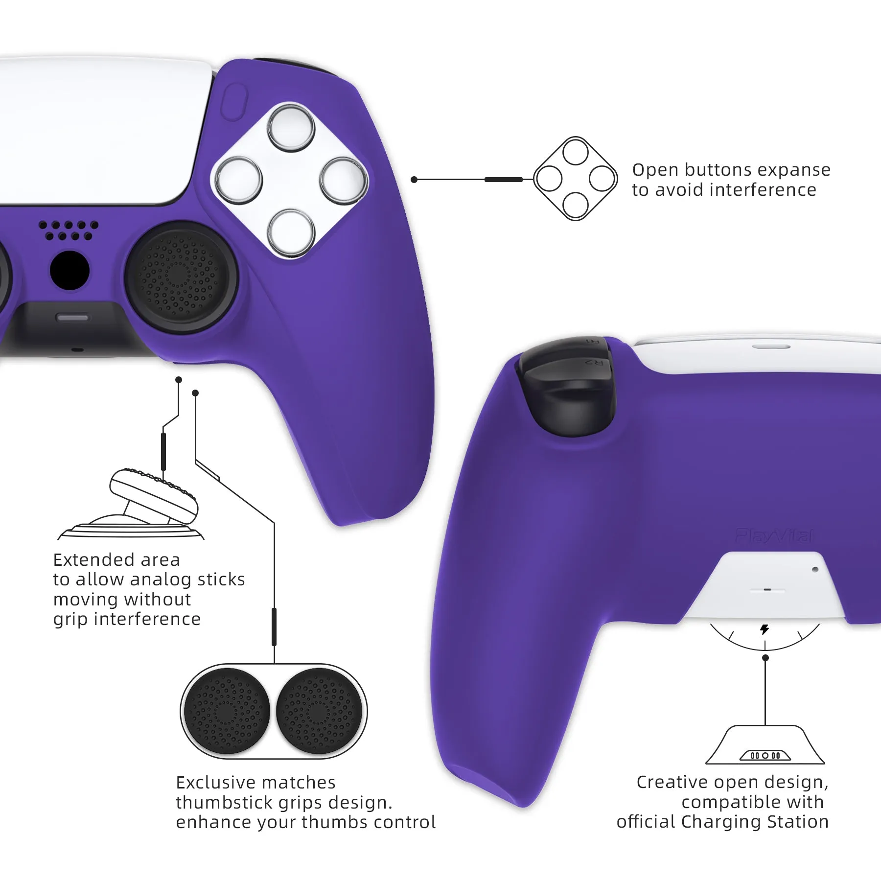 PlayVital Pure Series Ergonomic Anti-Slip Silicone Cover Skin for PS5 Controller, Soft Rubber Grip Case for PS5 Wireless Controller Fits with Charging Station with 6 Thumb Grip Caps - Purple- EKPFP006