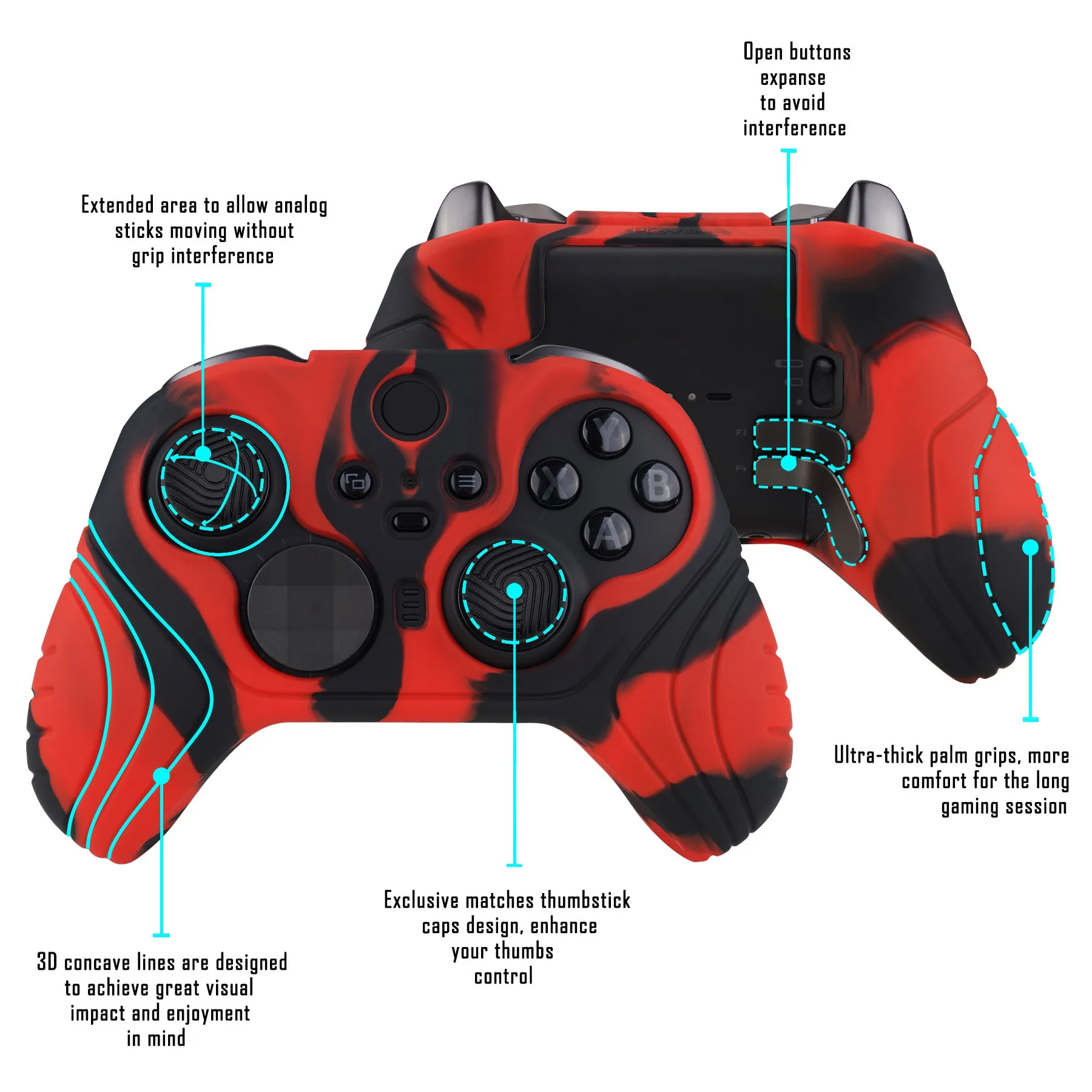 PlayVital Samurai Edition Anti Slip Silicone Case Cover for Xbox Elite Wireless Controller Series 2, Ergonomic Soft Rubber Skin Protector for Xbox Elite Series 2 with Thumb Grip Caps - Red & Black - XBE2M004