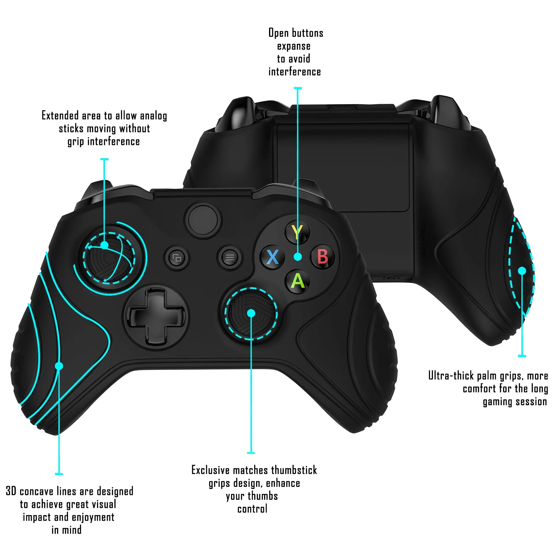 PlayVital Samurai Edition Black Anti-Slip Controller Grip Silicone Skin for Xbox One X/S Controller, Ergonomic Soft Rubber Protective Case Cover for Xbox One S/X Controller with Black Thumb Stick Caps - XOQ034