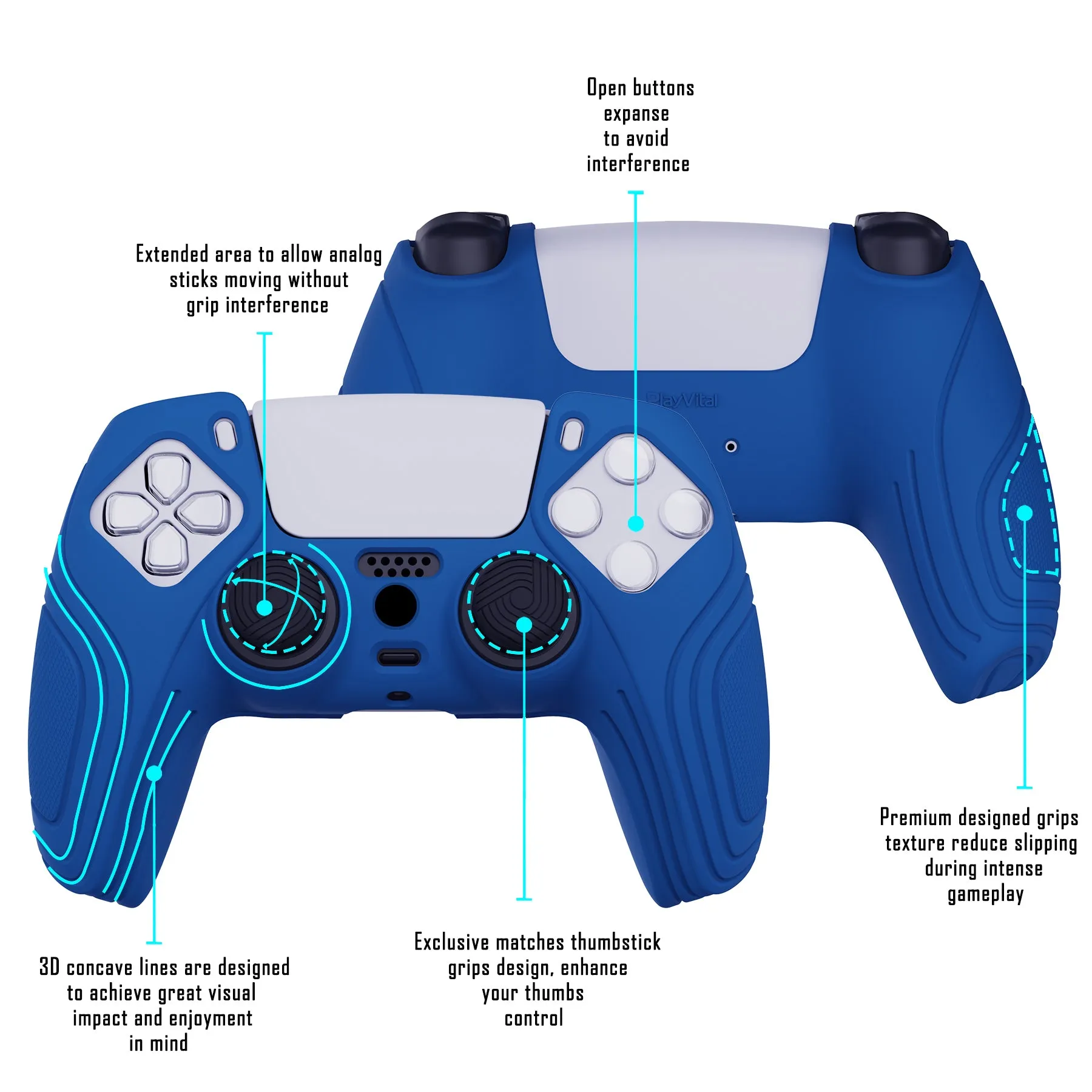 PlayVital Samurai Edition Blue Anti-slip Controller Grip Silicone Skin, Ergonomic Soft Rubber Protective Case Cover for PlayStation 5 PS5 Controller with Black Thumb Stick Caps - BWPF008