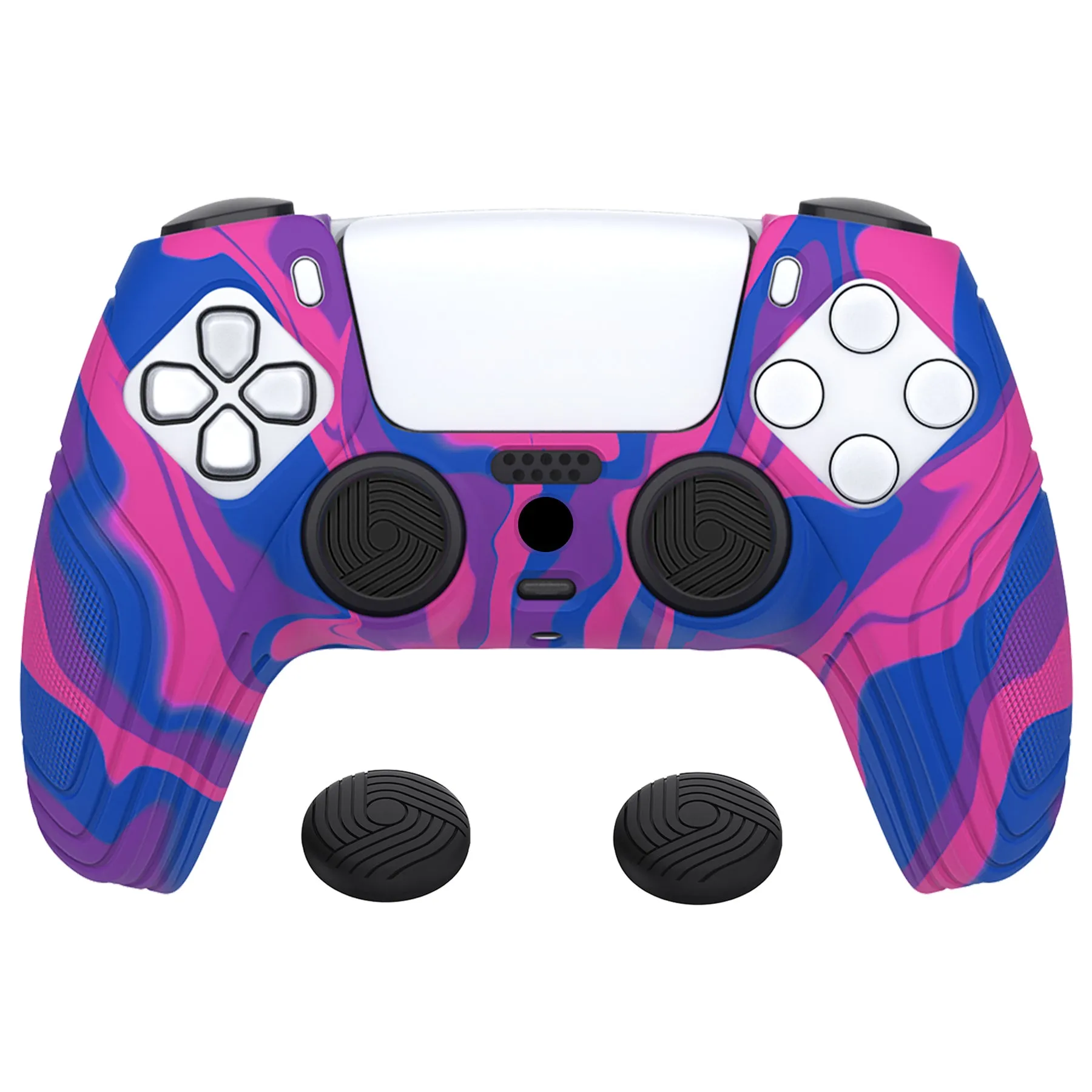 PlayVital Samurai Edition Pink & Purple & Blue Anti-slip Controller Grip Silicone Skin, Ergonomic Soft Rubber Protective Case Cover for PlayStation 5 PS5 Controller with Black Thumb Stick Caps - BWPF015