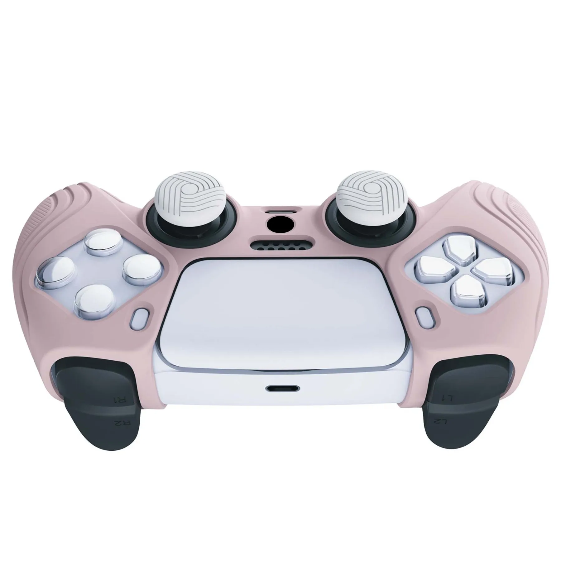 PlayVital Samurai Edition Pink Anti-slip Controller Grip Silicone Skin, Ergonomic Soft Rubber Protective Case Cover for PlayStation 5 PS5 Controller with White Thumb Stick Caps - BWPF005