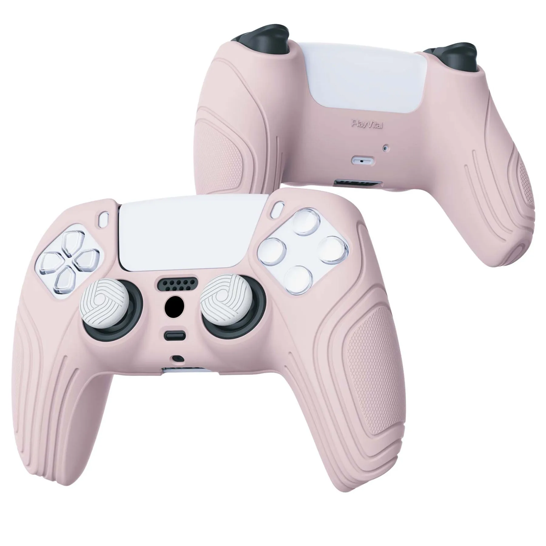 PlayVital Samurai Edition Pink Anti-slip Controller Grip Silicone Skin, Ergonomic Soft Rubber Protective Case Cover for PlayStation 5 PS5 Controller with White Thumb Stick Caps - BWPF005