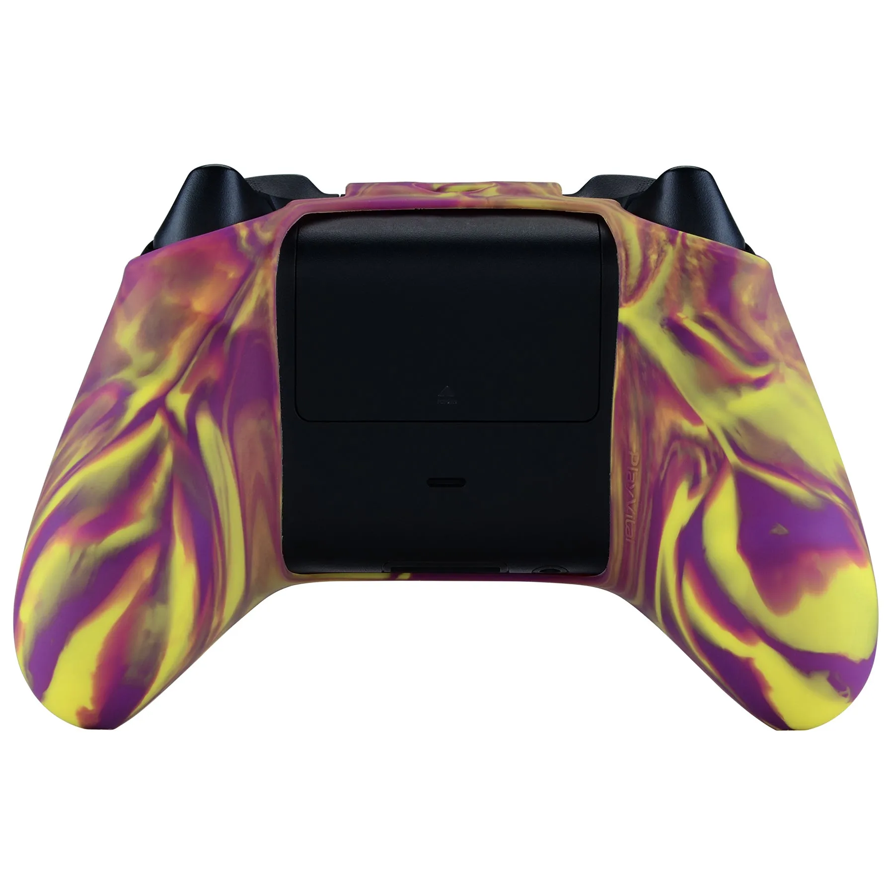 PlayVital Two Tone Purple & Yellow Camouflage Anti-Slip Silicone Cover Skin for Xbox Series X Controller, Soft Rubber Case Protector for Xbox Series S Controller with Black Thumb Grip Caps - BLX3013