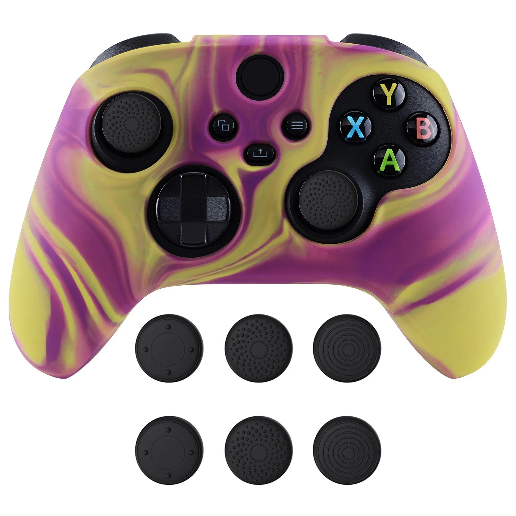 PlayVital Two Tone Purple & Yellow Camouflage Anti-Slip Silicone Cover Skin for Xbox Series X Controller, Soft Rubber Case Protector for Xbox Series S Controller with Black Thumb Grip Caps - BLX3013