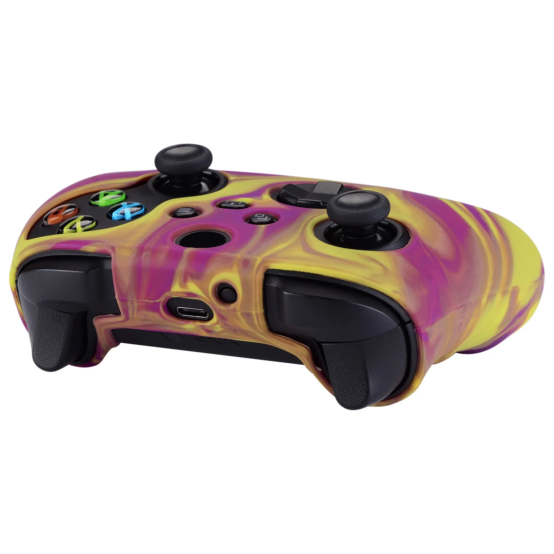 PlayVital Two Tone Purple & Yellow Camouflage Anti-Slip Silicone Cover Skin for Xbox Series X Controller, Soft Rubber Case Protector for Xbox Series S Controller with Black Thumb Grip Caps - BLX3013