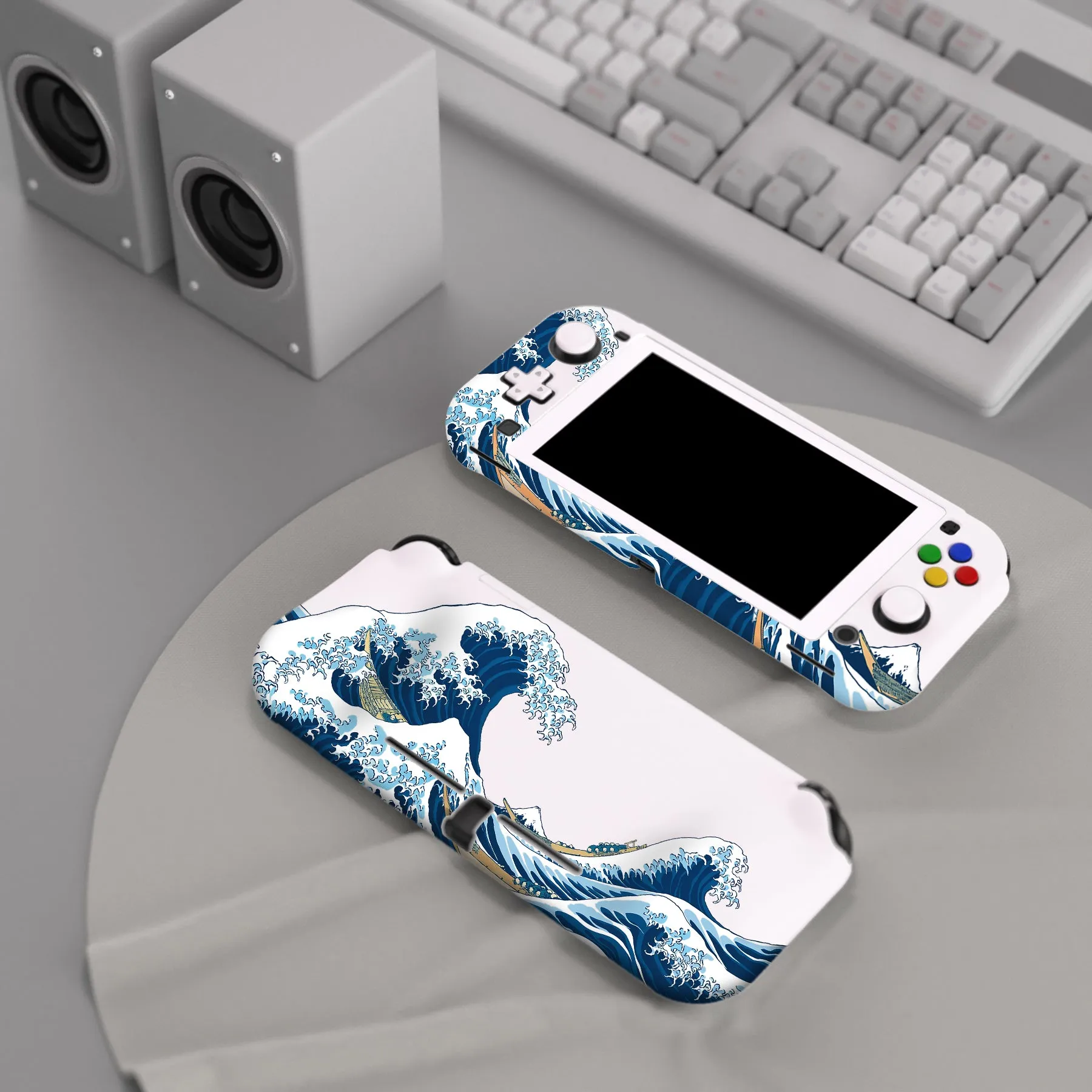 PlayVital ZealProtect Protective Case for Nintendo Switch Lite, Hard Shell Ergonomic Grip Cover for Switch Lite with Screen Protector & Thumb Grip Caps & Button Caps - The Great Wave off Kanagawa - PSLYT001