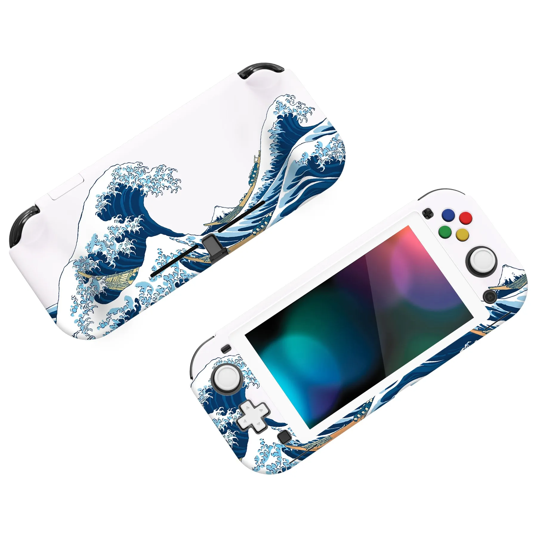 PlayVital ZealProtect Protective Case for Nintendo Switch Lite, Hard Shell Ergonomic Grip Cover for Switch Lite with Screen Protector & Thumb Grip Caps & Button Caps - The Great Wave off Kanagawa - PSLYT001