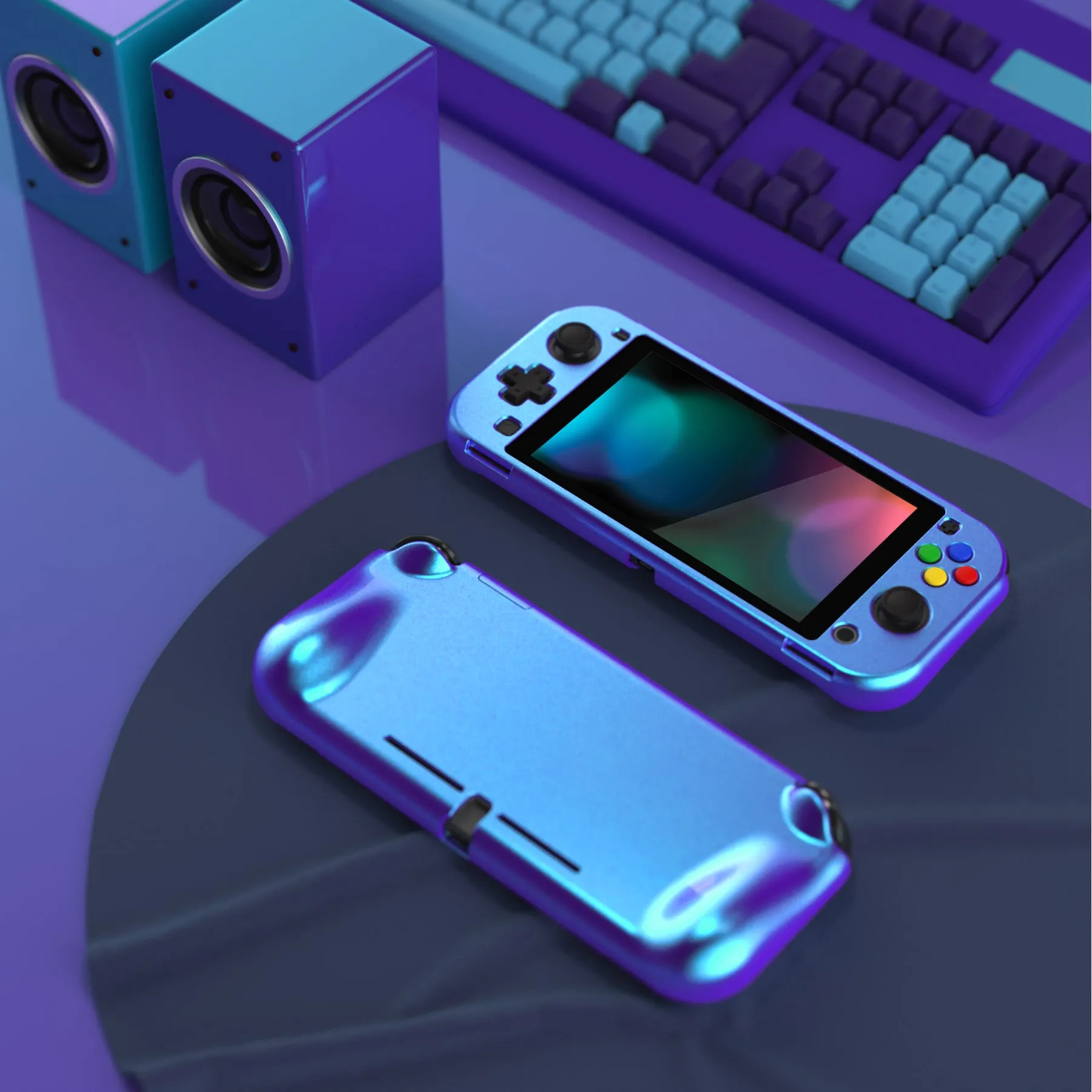 PlayVital ZealProtect Protective Case for Nintendo Switch Lite, Hard Shell Ergonomic Grip Cover for Switch Lite w/Screen Protector & Thumb Grip Caps & Button Caps - Glossy Chameleon Purple Blue - PSLYP3009