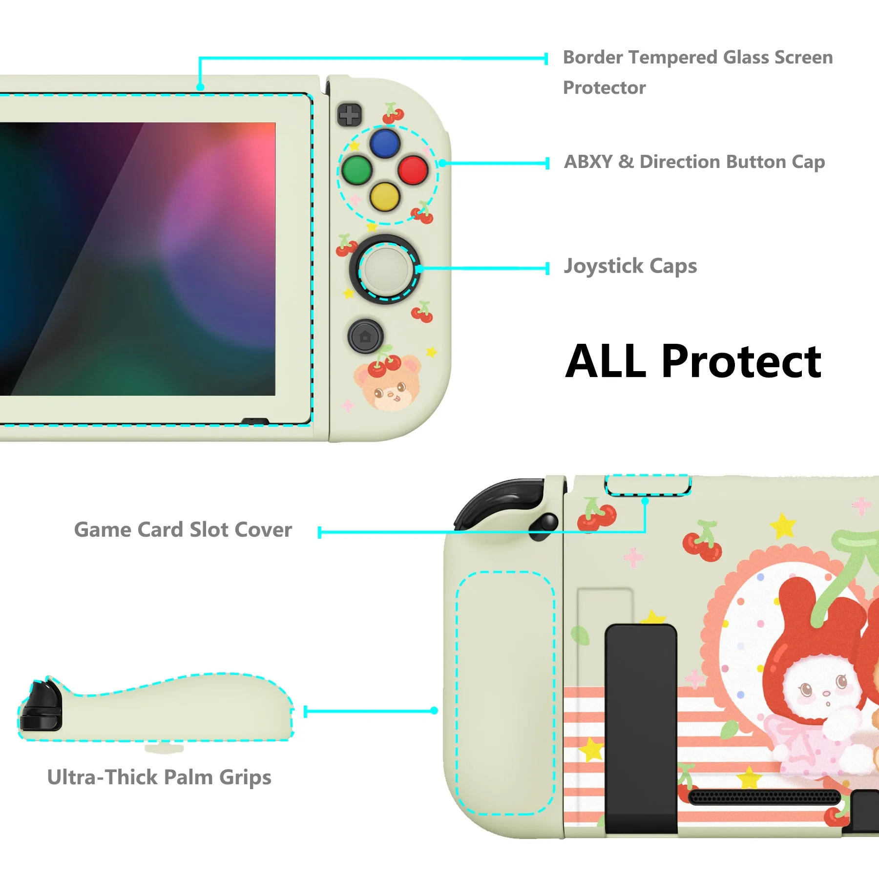 PlayVital ZealProtect Soft Protective Case for Nintendo Switch, Flexible Cover Protector for Nintendo Switch with Tempered Glass Screen Protector & Thumb Grip Caps & ABXY Direction Button Caps - Cherry Bunny & Cherry Bear - RNSYV6030