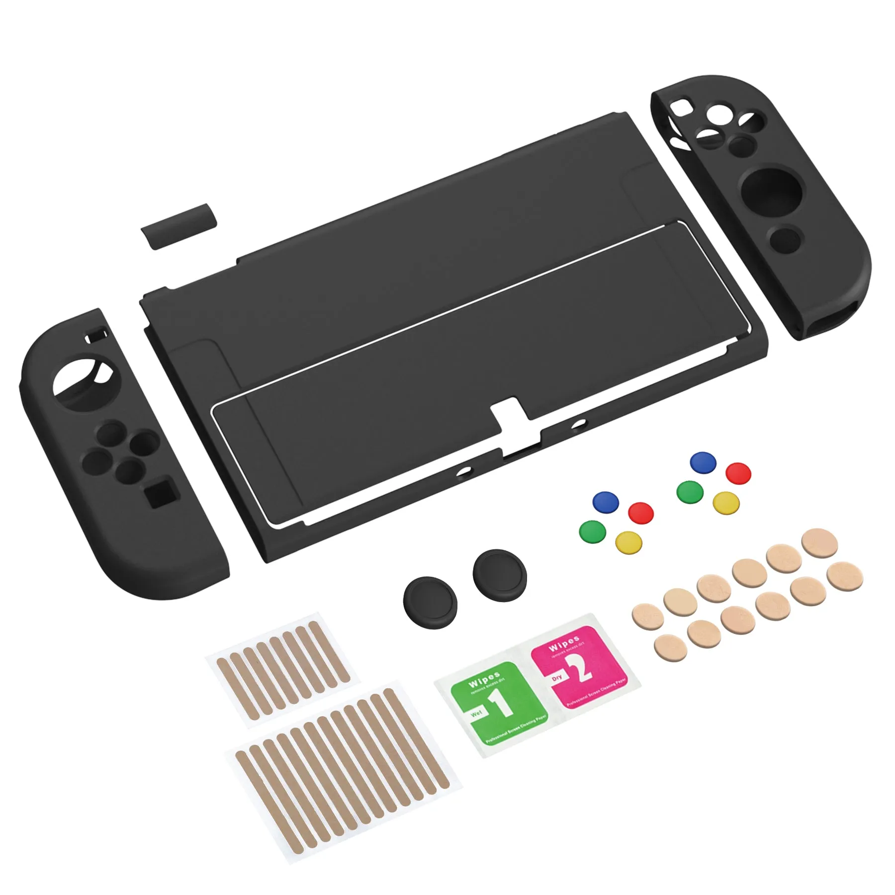 PlayVital ZealProtect Soft Protective Case for Nintendo Switch OLED, Flexible Protector Joycon Grip Cover for Nintendo Switch OLED with Thumb Grip Caps & ABXY Direction Button Caps - Black - XSOYM5001