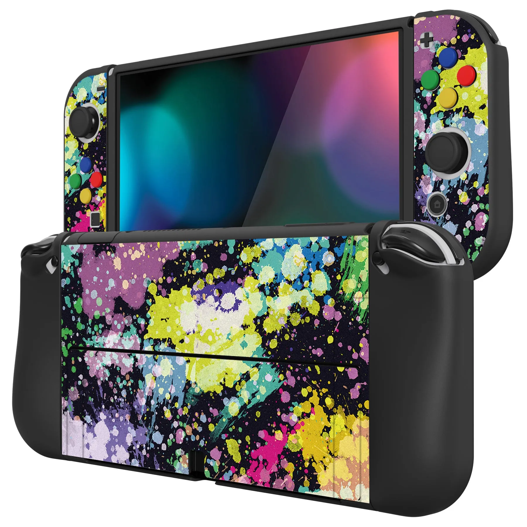 PlayVital ZealProtect Soft Protective Case for Nintendo Switch OLED, Flexible Protector Joycon Grip Cover for Nintendo Switch OLED with Thumb Grip Caps & ABXY Direction Button Caps - Watercolour Splash - XSOYV6004