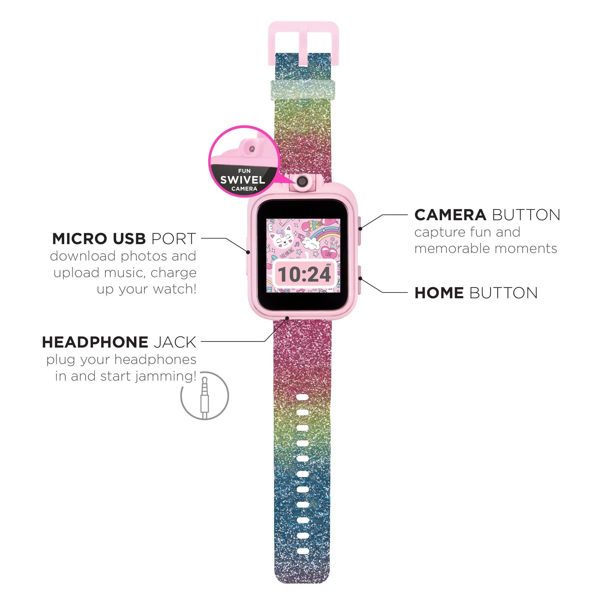 PlayZoom 2 Kids Smartwatch with Headphones: Pink Rainbow Glitter